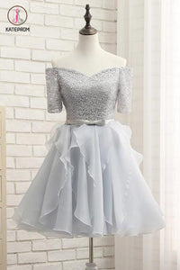 Silver Off-the-shoulder Homecoming Dress Half Sleeve Short Prom Dress Party Dress with Band KPH0194