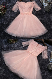Cute Appliques Tulle Half Sleeves Short Prom Dress,Mini Off-shoulder Homecoming Dress KPH0197