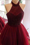 Burgundy Halter Beading Tulle Short Prom/Homecoming Dresses,Backless Party Dresses KPH0198