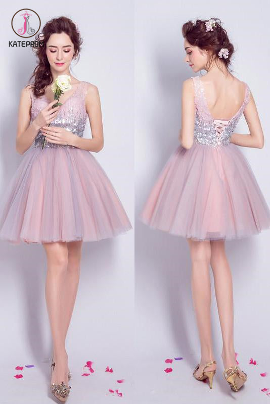 Sequined V-neck Tulle Homecoming Dress Sexy Shining Short Prom Dress Party Dress,Mini Dress KPH0201