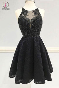 Fashion A-Line Black Lace Short Homecoming Dress,Backless Lace Beading Prom Dresses KPH0215