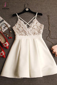 Spaghetti Straps Ivory V-neck Lace Top Satin Homecoming Dresses,Mini Cheap Prom Dress KPH0216