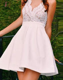 Spaghetti Straps Ivory V-neck Lace Top Satin Homecoming Dresses,Mini Cheap Prom Dress KPH0216