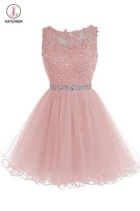 Appliqued Sleeveless Homecoming Dress with Beads,Tulle Homecoming Gown,Short Prom Gown KPH0217