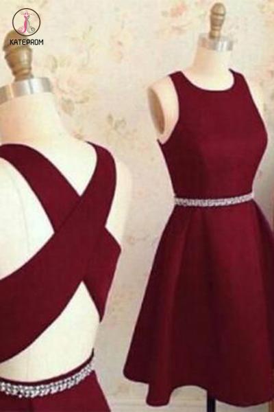 Burgundy Cute Short Prom Dresses,Sleeveless Satin Homecoming Dress,Party Dress with Beads KPH0218