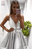 Appliques Deep V Neck Short Prom Dress,Sleeveless Pleats Cheap Homecoming Dress KPH0224