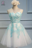 Ivory Sweetheart Homecoming Dress with Mint Appliques, Strapless Tulle Short Party Dress KPH0226