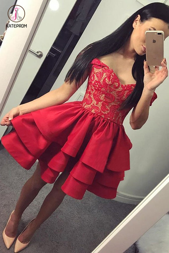 Sexy A-Line Off-The-Shoulder Red Tiered Homecoming Dress With Lace,Short Prom Dress KPH0223