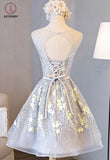 Appliqued A line Tulle Lace Short Prom dress,Sleeveless Homecoming Dresses with Belt KPH0233