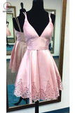 A-line Spaghetti Straps Pink Satin Homecoming Dress,Sweet 16 Dress,Short V neck Prom Dress KPH0231