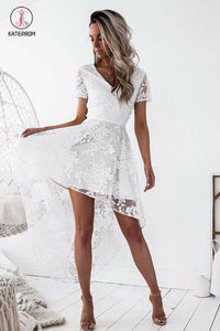 White High-low Short Sleeve V-neck Lace Homecoming Dress,Backless Party Gown KPH0232