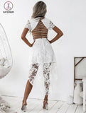 White High-low Short Sleeve V-neck Lace Homecoming Dress,Backless Party Gown KPH0232