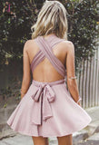 A-Line Deep V-Neck Lace-Up Blush Pink Chiffon Homecoming Dress,Sexy Short Party Dress KPH0236