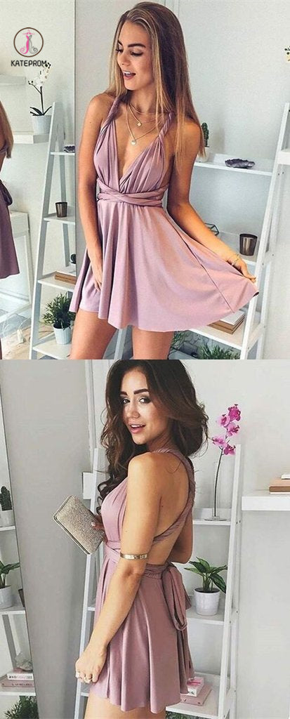 A-Line Deep V-Neck Lace-Up Blush Pink Chiffon Homecoming Dress,Sexy Sh kateprom A-Line Deep V-Neck Lace-Up Blush Pink Chiffon Homecoming Dress,Sexy Sh kateprom
