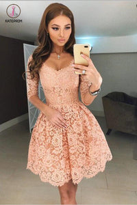 Sexy A-Line Half Sleeves Short Apricot Lace Homecoming Dress,Lace Graduation Dress KPH0237