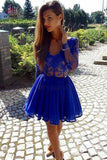 A-Line V-Neck Long Sleeves Royal Blue Chiffon Lace Homecoming Dress,Royal Blue Party Dress KPH0238
