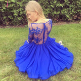 A-Line V-Neck Long Sleeves Royal Blue Chiffon Lace Homecoming Dress,Royal Blue Party Dress KPH0238