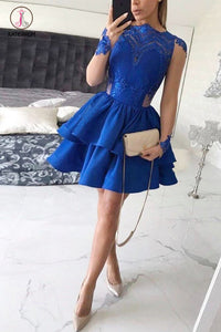 Tiered Long Sleeves Royal Blue Satin Homecoming Dress with Appliques,Mini Prom Dress KPH0239