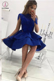 Tiered Long Sleeves Royal Blue Satin Homecoming Dress with Appliques,Mini Prom Dress KPH0239