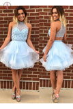 A-Line Light Blue Jewel Sleeveless Beading Mini Tulle Homecoming Dresses,Party Dresses KPH0241