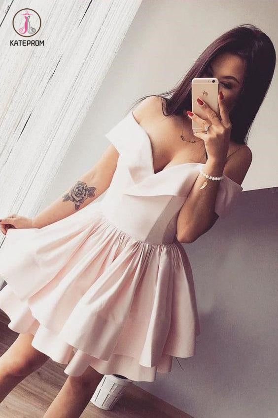 Pink Off-the-Shoulder Ruffles Satin Homecoming Dress,Party Dresses,Chic Fashion Dresses KPH0242
