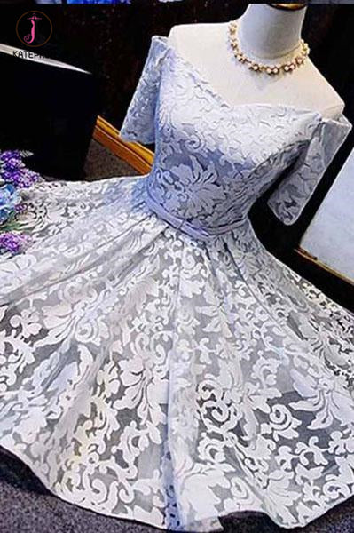 Fashion A-line Off-the-shoulder 1/2 Sleeve Lace Homecoming Dresses with Bowknot KPH0245