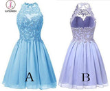 Sky Blue Jewel Sleeveless Chiffon Homecoming Dress with Beads,Applique Backless Prom Dress KPH0246