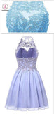 Sky Blue Jewel Sleeveless Chiffon Homecoming Dress with Beads,Applique Backless Prom Dress KPH0246