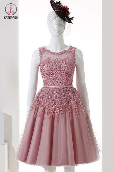 Dusty Pink A-Line Sleeveless Tulle Homecoming Dress,Lace Applique Homecoming Gown KPH0248
