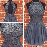 A-line Dark Gray Jewel Sleeveless Beaded Backless Tulle Homecoming Dress,Short Party Dress KPH0251