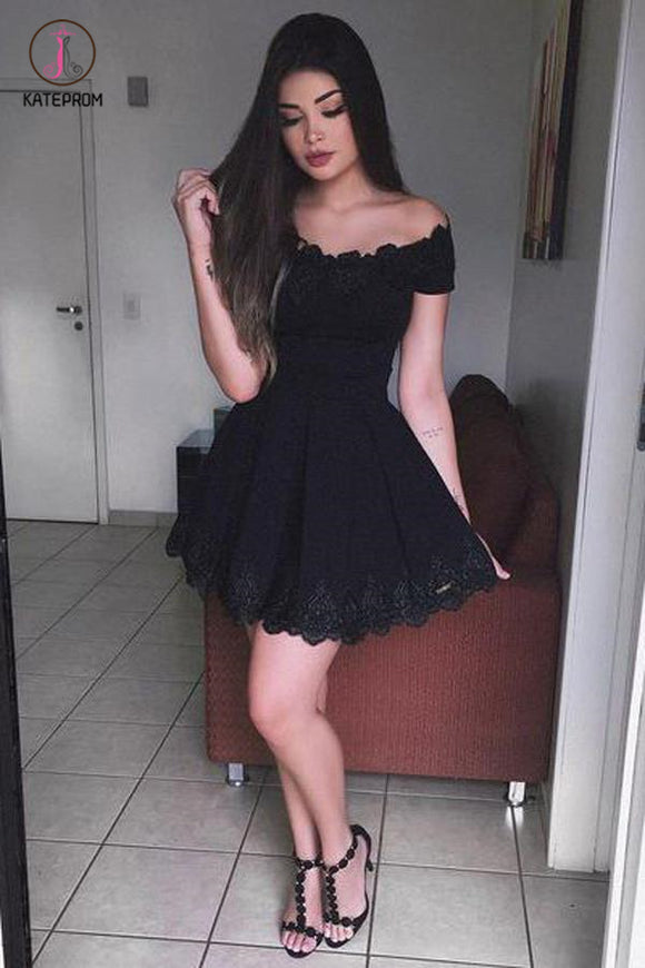 Black Off-the-shoulder Lace Homecoming Dress,Short Prom Dress for Teens,Mini Grad Dresses KPH0252