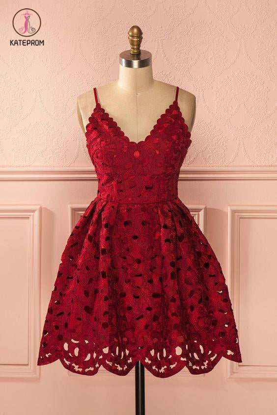 Spaghetti Straps Burgundy V-neck Mini Lace Backless Homecoming Dress,F kateprom Spaghetti Straps Burgundy V-neck Mini Lace Backless Homecoming Dress,F kateprom