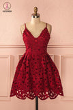 Spaghetti Straps Burgundy V-neck Mini Lace Backless Homecoming Dress,Fashion Party Dress KPH0261