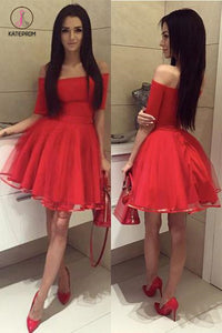 Red Half Sleeves Off-the-shoulder Tulle Ruched Homecoming Dress,Short Red Prom Dresses KPH0255