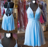 A-Line Halter Criss-Cross Straps Blue Chiffon Homecoming Dress with Pleats,Short Blue Dress KPH0256