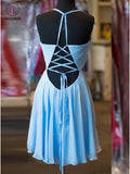 A-Line Halter Criss-Cross Straps Blue Chiffon Homecoming Dress with Pleats,Short Blue Dress KPH0256