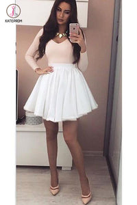 Pink Long Sleeves V-neck Homecoming Dress with White Skirt,Mini Grad Dresses KPH0257