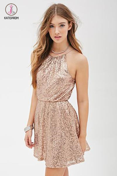 A-line Spaghetti Straps Sleeveless Sequined Mini Homecoming Dress,Sparkly Party Dresses KPH0260