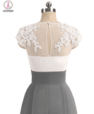 Gray V-neck Cap Sleeves Lace Applique Chiffon Mother of the Bride Dresses KPM0006