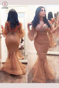 Plus Size Mermaid Floor-length Long Sleeves Off-the-shoulder Tulle Backless Prom Dress KPM0005