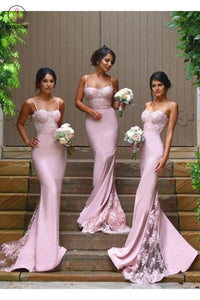 Pink Gorgeous Spaghetti Straps Mermaid Lace Backless Long Bridesmaid Dress KPB0034