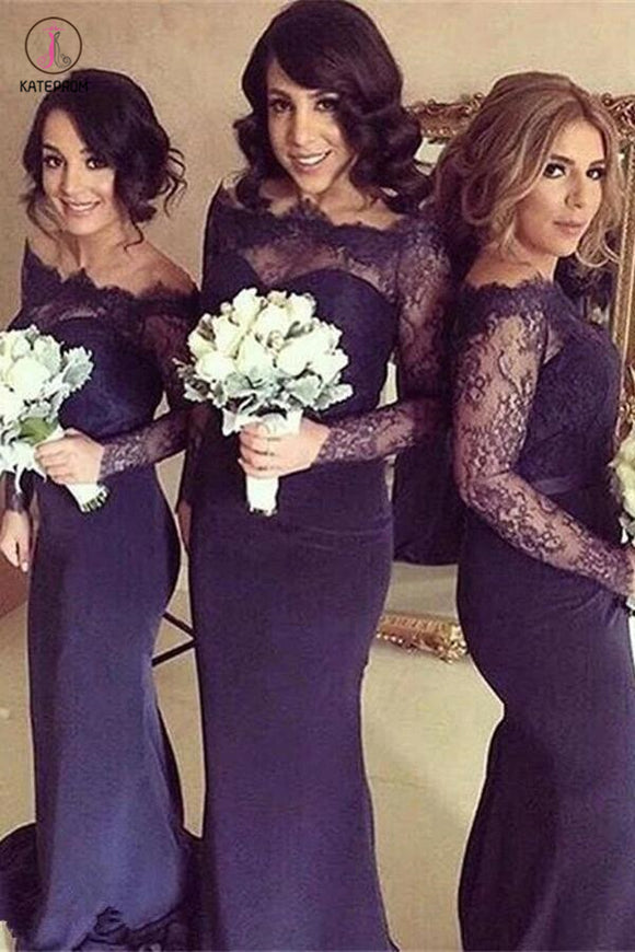 Sexy Long Sleeves Off-the-Shoulder Long Bridesmaid Dress with Lace and Sweep Train KPB0071