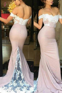 Mermaid Off the Shoulder Sweep Train Blush Pink Bridesmaid Dresses with Lace KPB0072