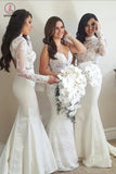 Elegant Mermaid High Neck Long Sleeve Ivory Stain Bridesmaid Dress with Lace Top KPB0074