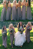 Trendy Light Slate Gray Spaghetti Straps Long Chiffon Bridesmaid Dresses with Fringe KPB0075