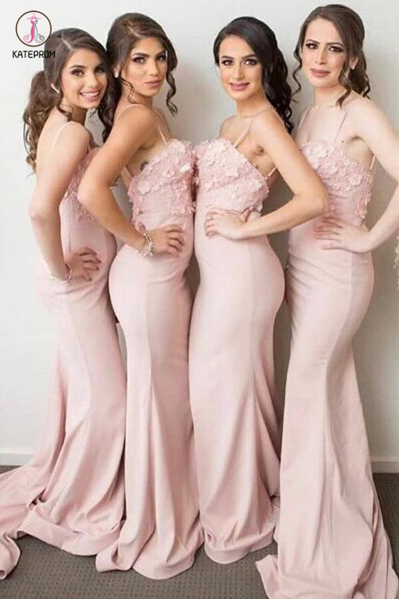 Light Pink Stylish Mermaid Spaghetti Straps Applique Satin Long Bridesmaid Dress KPB0077