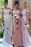 Blush Mermaid Off-the-Shoulder Sweep Train Stretch Long Bridesmaid Dress with Lace KPB0078