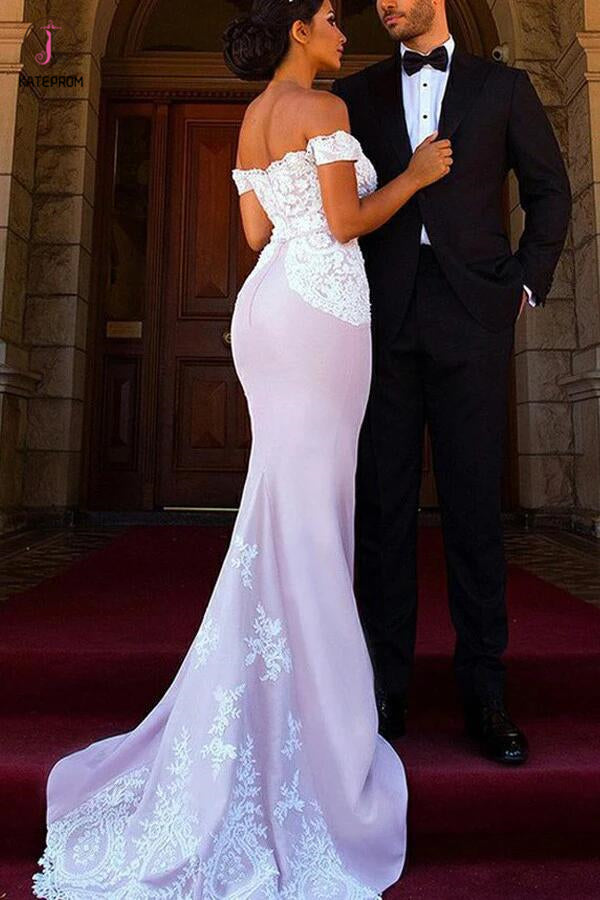 Blush Mermaid Off-the-Shoulder Sweep Train Stretch Long Bridesmaid Dre –  kateprom