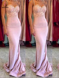 Pink Gorgeous Spaghetti Straps Mermaid Lace Backless Long Bridesmaid Dress KPB0034