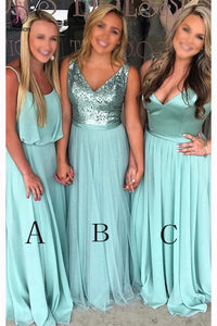 Turquoise A-line Floor-length V-neck Sleeveless Bridesmaid Dress Waterfall Party Gown KPB0083